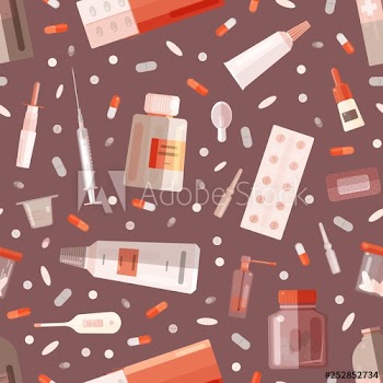 Seamless pattern with drugs or medications in bottles, jars, tubes, blisters, ampoules and medical tools for first aid on brown background