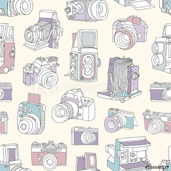 Seamless pattern with film and digital photographic or photo cameras on light background