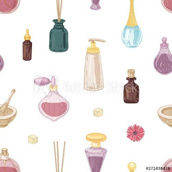 Seamless pattern with fragrant cosmetics, perfumes in glass bottles, mortar and pestle, incense sticks on white background