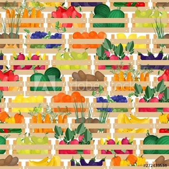 Seamless pattern with fresh ripe organic fruits and vegetables in wooden boxes