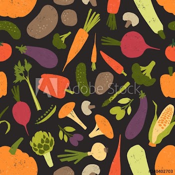 Seamless pattern with fresh tasty vegetables and mushrooms on black background
