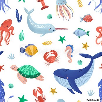 Seamless pattern with funny marine animals or underwater creatures living in ocean