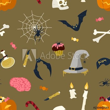 Seamless pattern with Halloween magic items and creatures on dark background - Jack-o'-lantern, witch hat and flask with potion, spider web, bat, burning candles