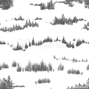 Seamless pattern with hand drawn woodland trees and shrubs growing on hills or mountains
