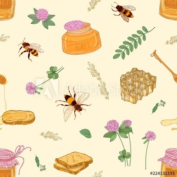 Seamless pattern with honey, bees, honeycomb, linden, acacia, clover plants, jar and dipper on light background