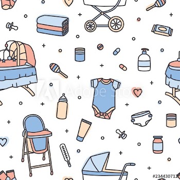 Seamless pattern with infant care products, nursery supplies, toys