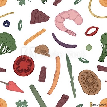 Seamless pattern with ingredients of Asian wok meal on black background