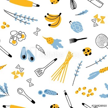 Seamless pattern with kitchen utensils for homemade meals preparation, fruits and vegetables on white background