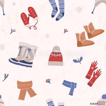 Seamless pattern with knitted apparel and winter boots on light background