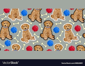 seamless pattern with labradoodles toys and bones