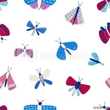 Seamless pattern with moths on white background