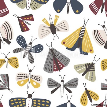 Seamless pattern with moths on white background