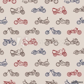 Seamless pattern with motorcycles of different models drawn with colorful contour lines on light background - chopper, bobber, sport and motocross bikes