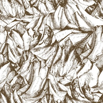 Seamless pattern with mountainous landscape hand drawn with contour lines on white background