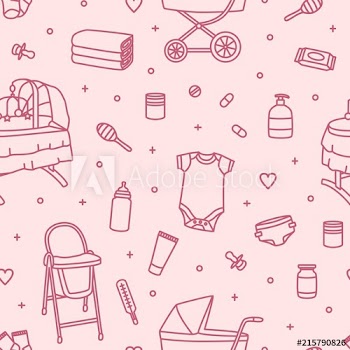 Seamless pattern with newborn baby care products, nursery supplies or tools for infant child drawn with contour lines on pink background