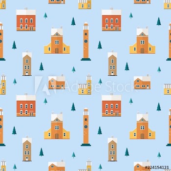 Seamless pattern with old buildings, clock towers, spruce trees