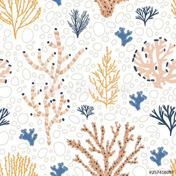 Seamless pattern with orange and blue corals, seaweed and bubbles on white background