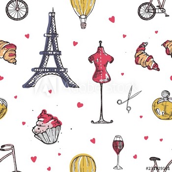 Seamless pattern with Paris and France elements - perfume, french croissant, Eiffel Tower, mannequin, glass of wine hand drawn in doodle style on white background