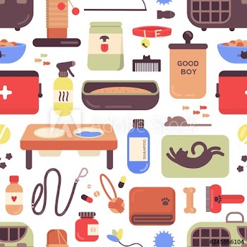 Seamless pattern with pet shop goods for cats and dogs on white background