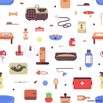 Seamless pattern with pet shop goods for cats and dogs on white background
