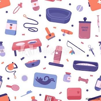 Seamless pattern with pet store products for cats and dogs on white background