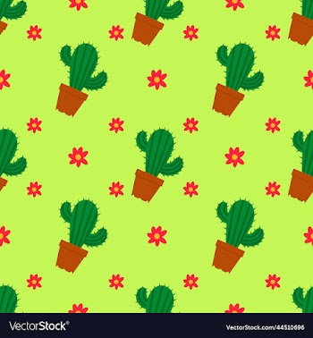 seamless pattern with potted cacti and flowers