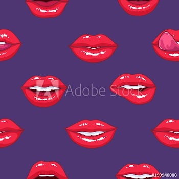 Seamless pattern with puffy female lips on purple background, symbol of love and passion