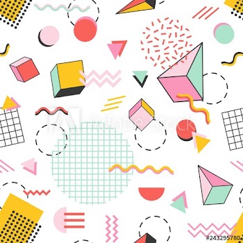 Seamless pattern with pyramids, cubes, circles, other geometric shapes and zigzag lines on white background