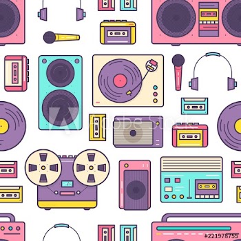 Seamless pattern with retro analog music player, reel-to-reel and cassette recorder, turntable, headphones, microphone, speaker on white background
