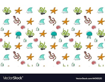 seamless pattern with shells and fish