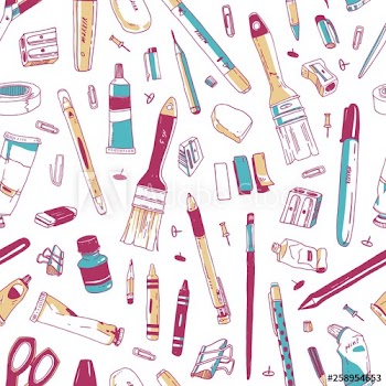 Seamless pattern with stationery, art and office tools, school supplies on white background
