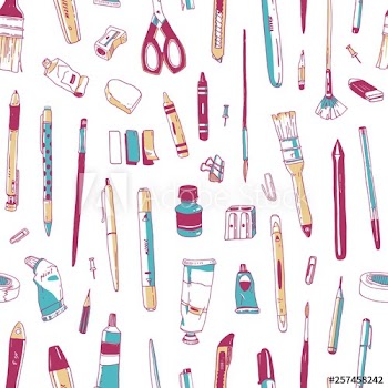 Seamless pattern with stationery, drawing utensils, creativity tools or office supplies drawn on white background