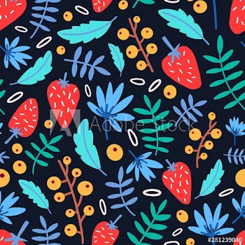 Seamless pattern with strawberries, flowers and leaves on black background