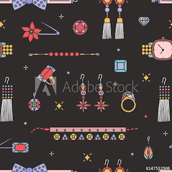 Seamless pattern with stylish expensive jewelry and accessories on black background - earrings, necklace, bracelet, brooch, pendant, bow tie