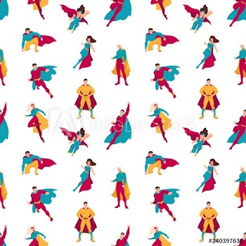 Seamless pattern with superheroes or men and women with super powers