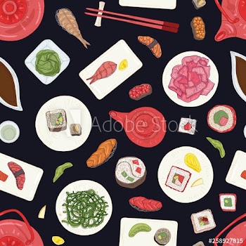 Seamless pattern with sushi, sashimi and rolls on black background
