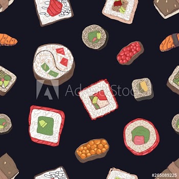 Seamless pattern with sushi, sashimi and rolls on black background