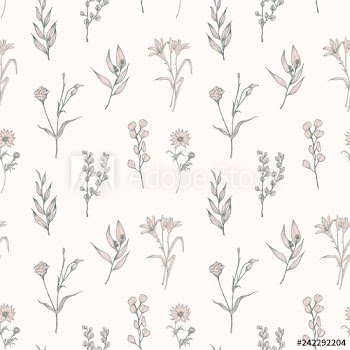 Seamless pattern with tender blooming flowers drawn on white background