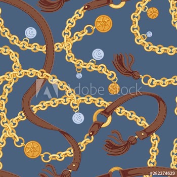 Seamless pattern with trendy chain belts with charms and leather tassels on gray background