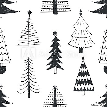 Seamless pattern with various Christmas trees, firs or spruces drawn with outlines on white background