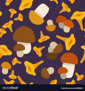 seamless pattern with various mushrooms on dark