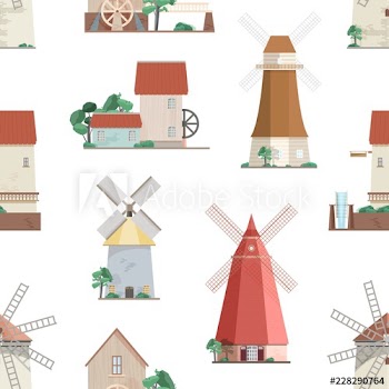 Seamless pattern with various windmills on white background