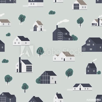 Seamless pattern with wooden country houses, town cottages, dwelling in Scandic style