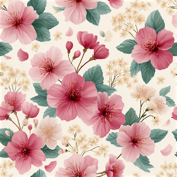 Seamless Summer Botanical Pattern with Cherry Blossoms
