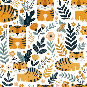Seamless Tiger Pattern with Floral Elements