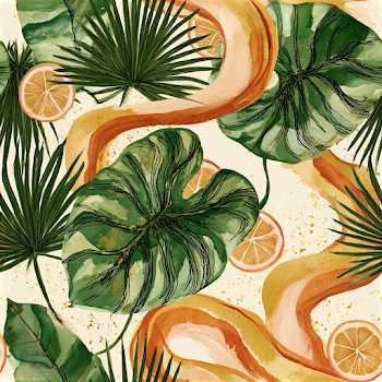 Seamless Tropical Botanical Pattern with Citrus Accents