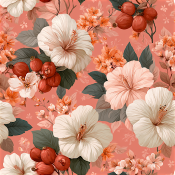 Seamless Tropical Floral Pattern with Hibiscus and Berries