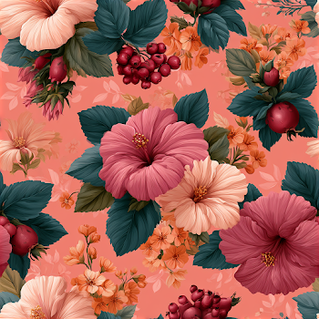 Seamless Tropical Floral Pattern with Hibiscus and Berries