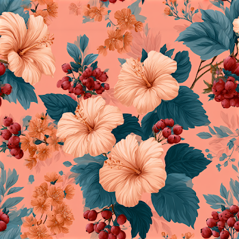 Seamless Tropical Floral Pattern with Hibiscus and Berries