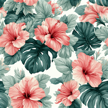 Seamless Tropical Hibiscus and Monstera Leaf Pattern